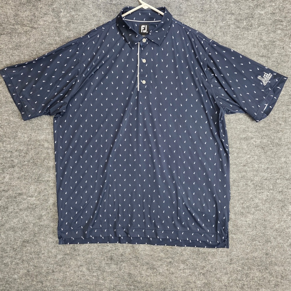 FootJoy Polo Shirt Mens 2XL Navy Blue Golf Bag Print Short Sleeve Club Logo
